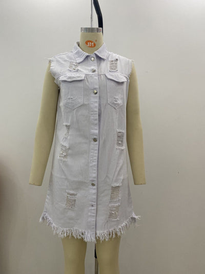 Ripped Buttoned Long Sleeveless Denim Coat MALSOOA