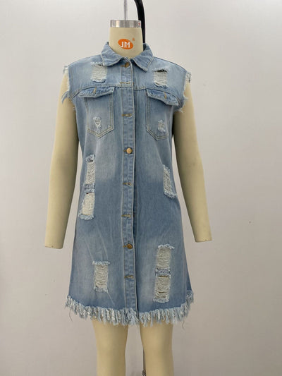 Ripped Buttoned Long Sleeveless Denim Coat MALSOOA