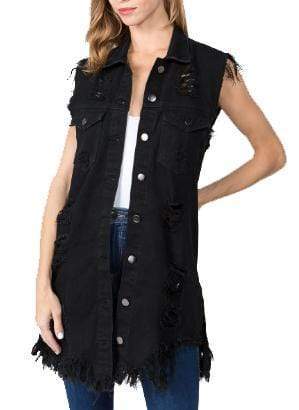 Ripped Buttoned Long Sleeveless Denim Coat MALSOOA