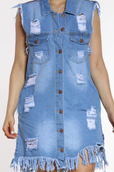 Ripped Buttoned Long Sleeveless Denim Coat MALSOOA