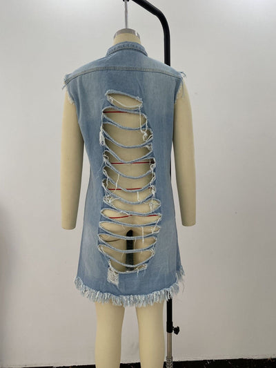 Ripped Buttoned Long Sleeveless Denim Coat MALSOOA