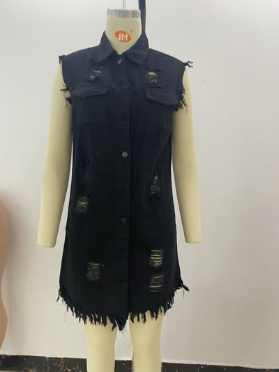 Ripped Buttoned Long Sleeveless Denim Coat MALSOOA