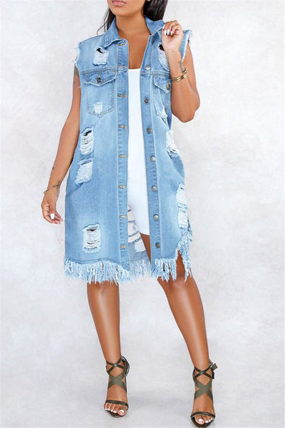 Ripped Buttoned Long Sleeveless Denim Coat MALSOOA