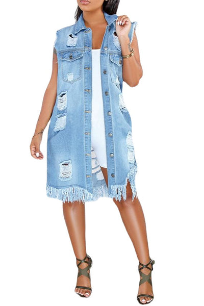 Ripped Buttoned Long Sleeveless Denim Coat MALSOOA